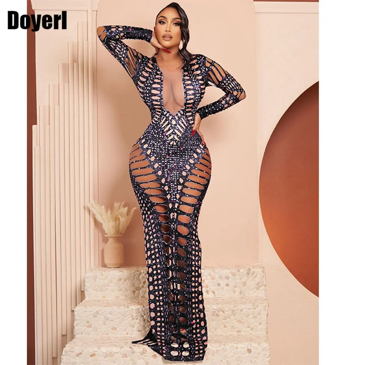 

Сексуальные открытые вечерние платья макси для женщин с длинным рукавом сетчатые Лоскутные с высоким разрезом вечерние облегающие платья для ночного клуба