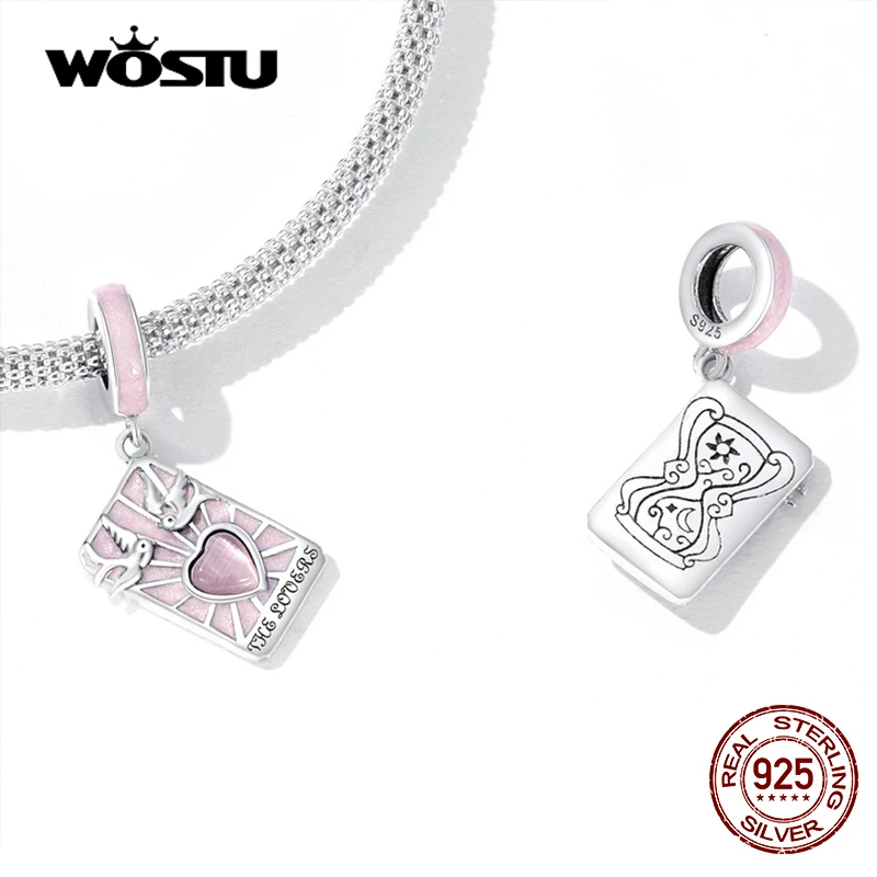 WOSTU 925 Sterling Silver Pink Heart Blue Tarot Cards Lovers Charm Pendents Fit Original DIY Bracelet Necklace Birthday Jewelry