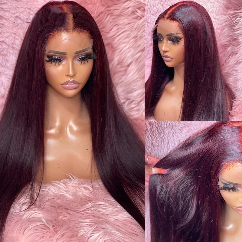 Natural  180 Density 26Inch Long Burgundy Straight Lace Front Wig For Black Women With Baby Hair Heat Resistant Fiber Daily Wig