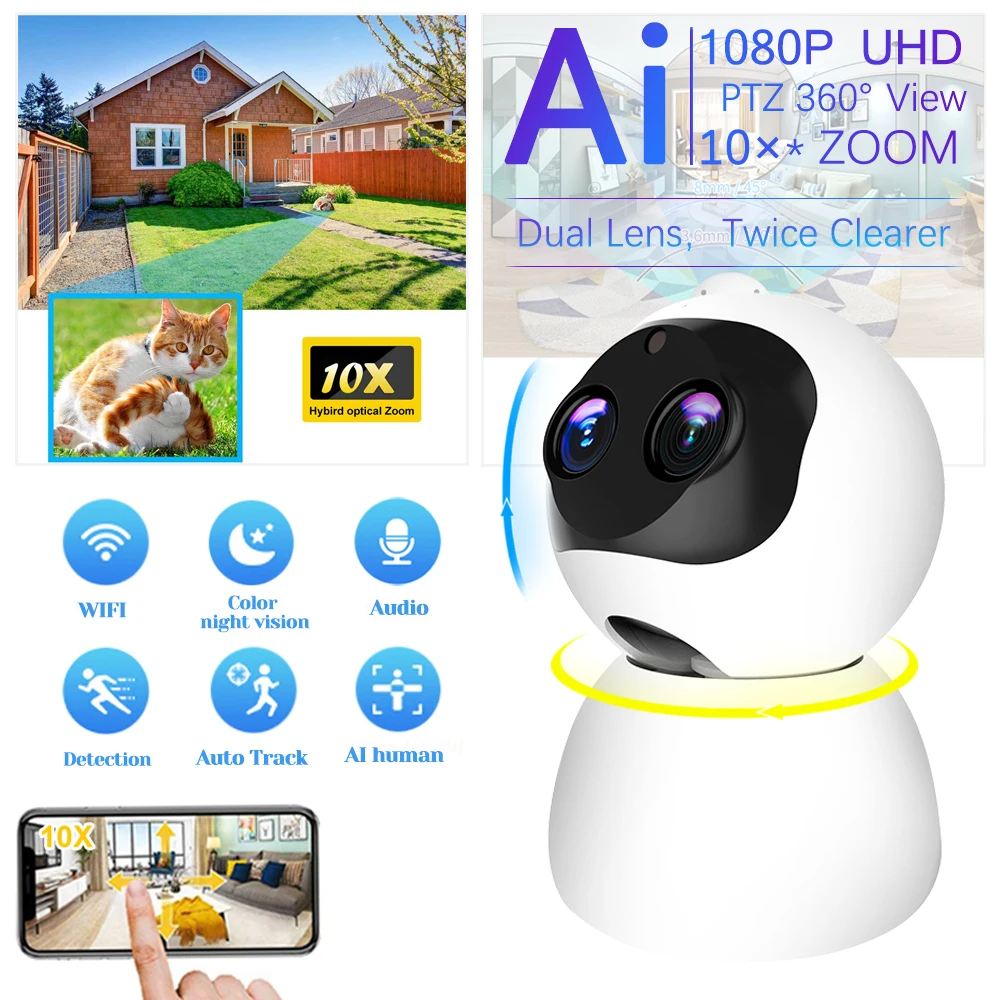 

HD 1080P умный дом Wi-Fi камера Внутренняя камера видеонаблюдения с двойным объективом 360 ° PTZ 10-кратный зум монитор Securite IP-камера видеонаблюдения