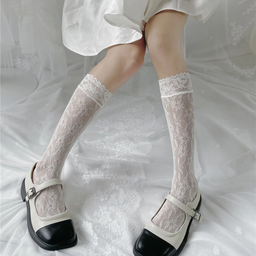

Fashion Lace Flower Stockings Women Thin High Knee Socks Female Summer Transparent Long Stocking High Socks Designer Socks
