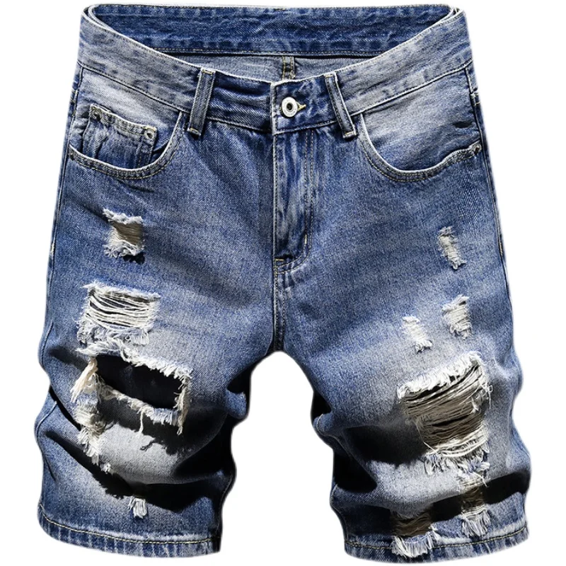 Ripped Denim Shorts Men Streetwear Patches Short Jeans 2022 Summer Fashion Casual Blue Regular Straight Knee Length Pants