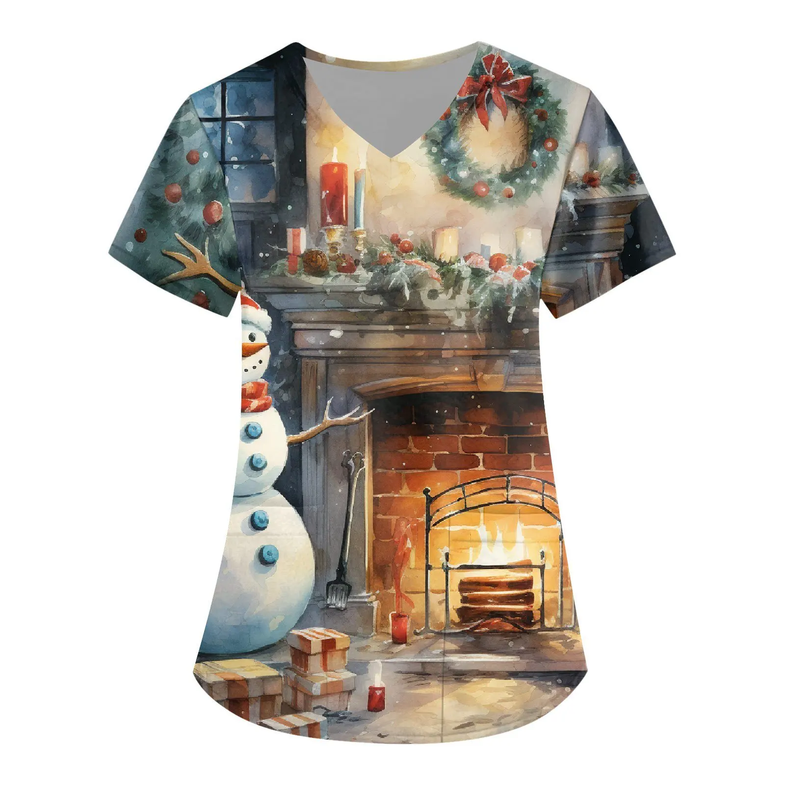 Женский рождественский костюм скраб-топ с рождественским принтом эластичный