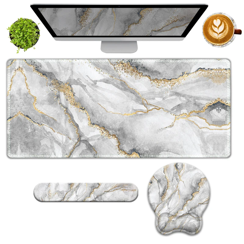 

Коврик для мыши 4 в 1 с поддержкой запястья, большой игровой коврик для мыши XXL, эргономичный дизайн для офиса, дома, настольного компьютера (белый, золотой, мраморный)