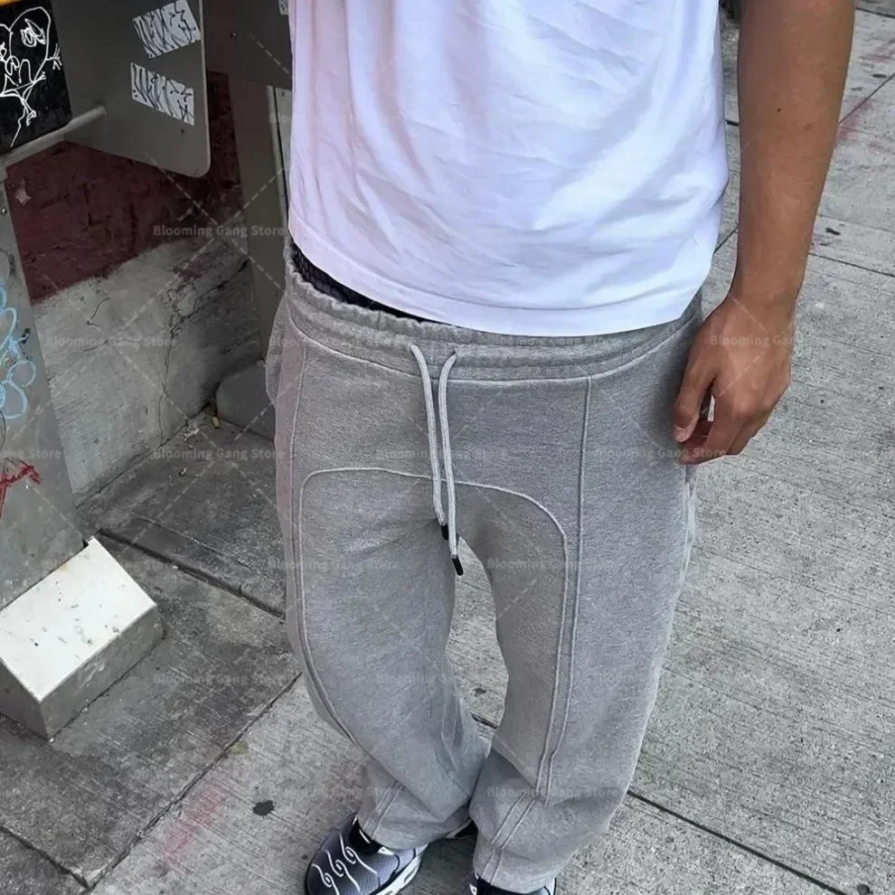 Фото Новые свободные однотонные брюки в стиле ретро Y2k, уличная одежда в стиле хип-хоп, мужская одежда, уличная одежда с драпировкой на шнурке, повседневная мода, готические спортивные штаны №3