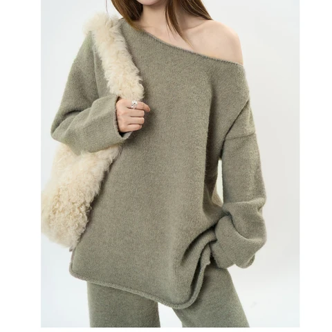 Женский весенний свитер из смеси шерсти 35% на одно плечо, вязаные пуловеры, сексуальный свитер, топы, женские пуловеры, модные Pull Femme