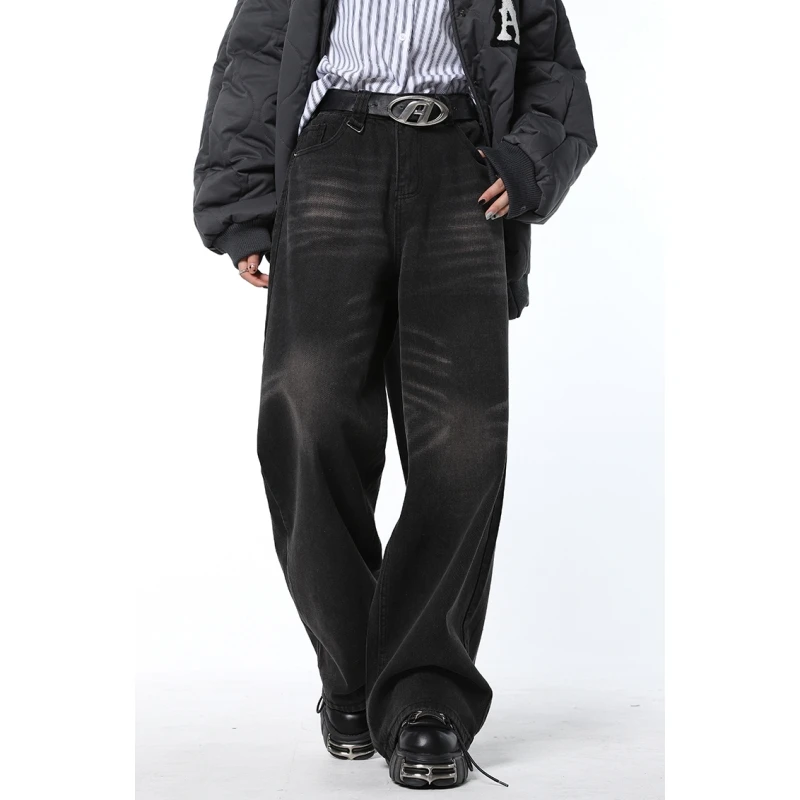 

Vintage Black High Waist Women Jeans American Fashion Straight Stripe Denim Pants Streetwear Wide Leg Jean Female Denim Trouser