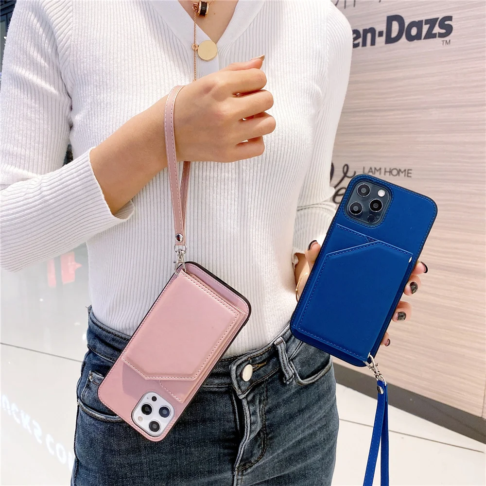 Phone Case with Card Holder for iPhone 14 13 12 Mini SE2 11 Pro Max XR XS 7 8Plus TPU Shockproof Back Cover Leather Lanyard Etui