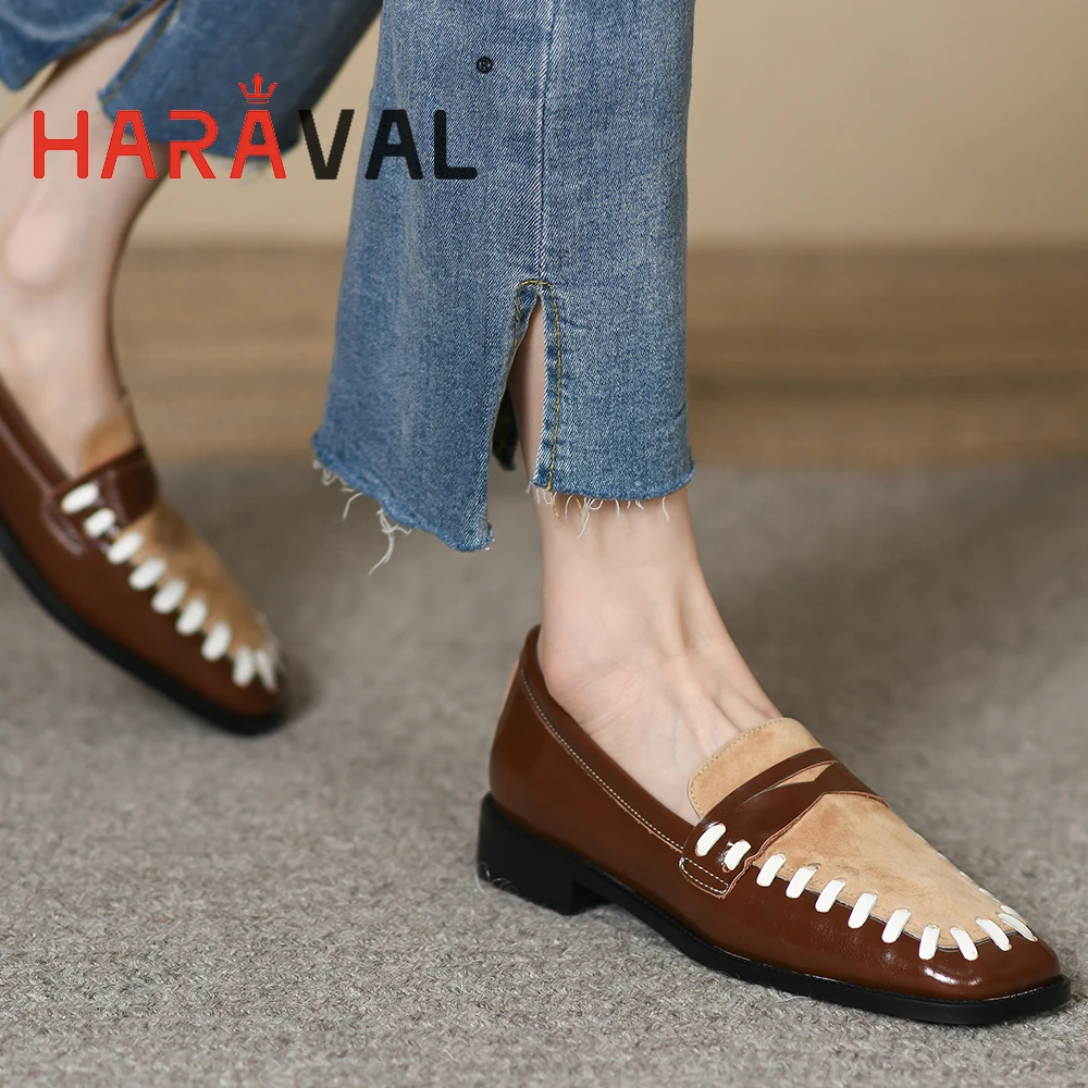 

HARAVAL Women Casual Single Shoes Low Heels Squared Toe Brown Blue Women Slip On Pumps Handmade Summer Autumn Female Footwear182