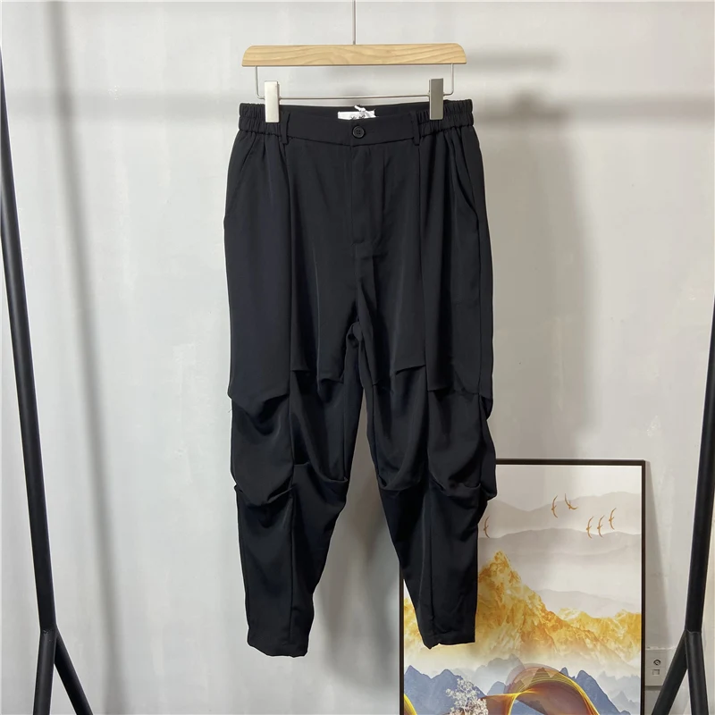 Men's Loose Pleated Casual Harlan Pants Low-End Large Korean Personalized Knee Pleated Hairdresser Overalls Thin