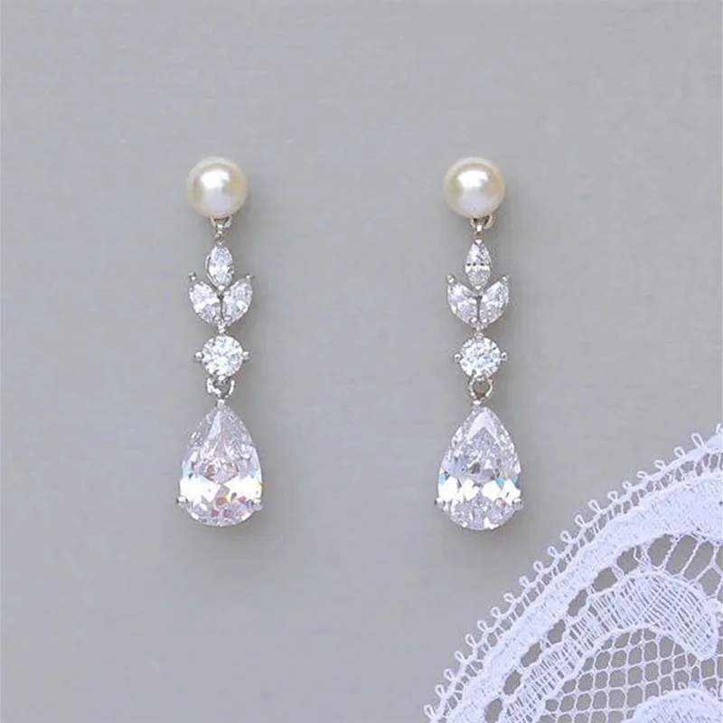 

Gorgeous Sparkling Princess Moissanite Zircon Earrings Fashion Imitation Pearls Bridal Engagement Wedding Earrings Gift Jewelry