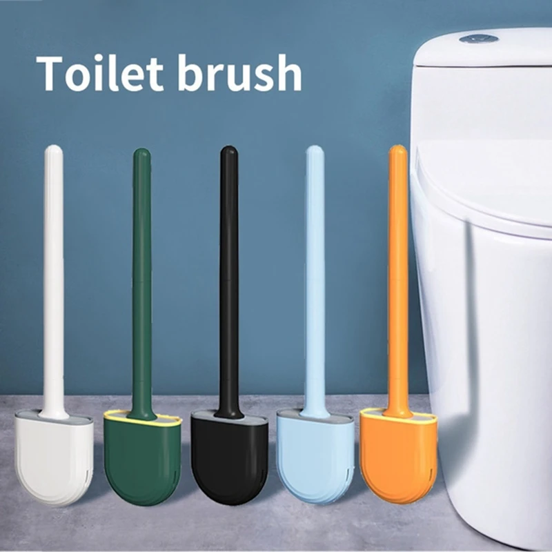 

Breathable Toilet Brush Water Leak Proof with Base Silicone Wc Flat Head Flexible Soft Bristles Brush with Quick Drying Holder