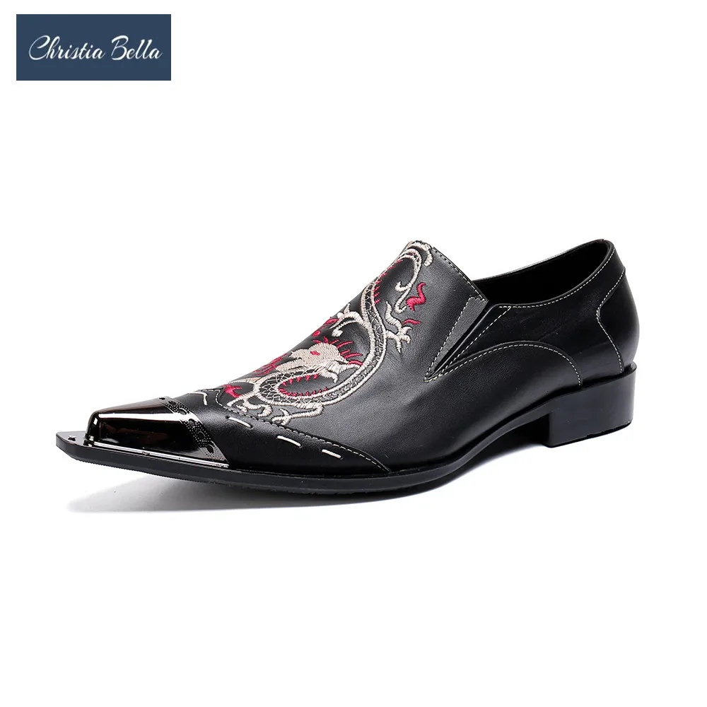 

Christia Bella Embroidery Genuine Leather Men Black Oxford Shoes Pointed Toe Plus Size Men Business Party Shoes Mens Dress Shoes