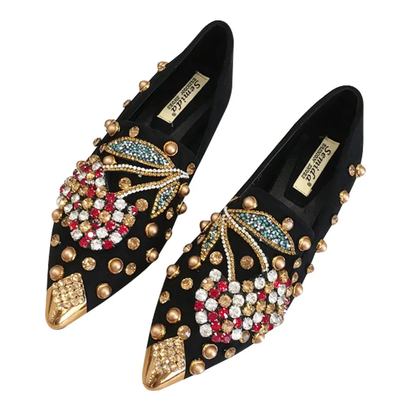 

Women Flats Shoes 2023 Spring New Rhinestone Cherry Metal Pointed Toe Casual Shoes Comfortable Ladies Loafers Shoes Female