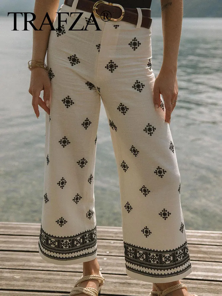 

TRAFZA Women 2023 Spring Summer Wide Pants Embroidery High Waist With Pocket Zipper Woman Casual Loose Trousers