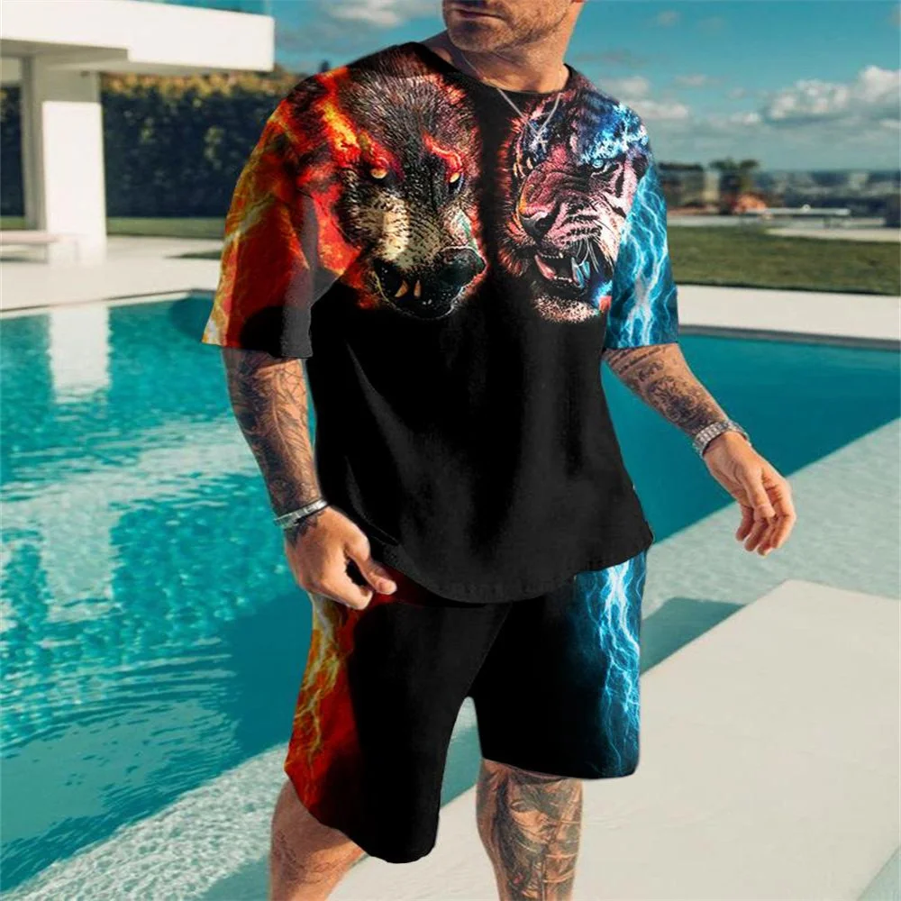 Summer Street Trend 3D Pattern Fashion Leisure Sports T Shirt For Men Sets Comfortable Crew Neck Breathable MaterialShort Sleeve