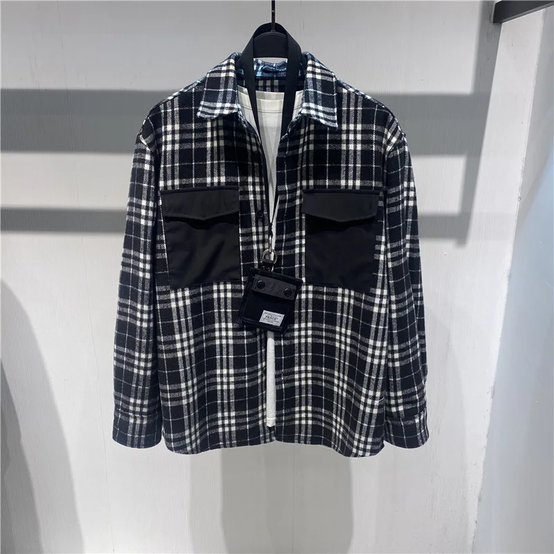 

Men's Spring New Shirt Fashion Stitching Tooling Outer Wear Shirt Black and White Plaid Thick Coat