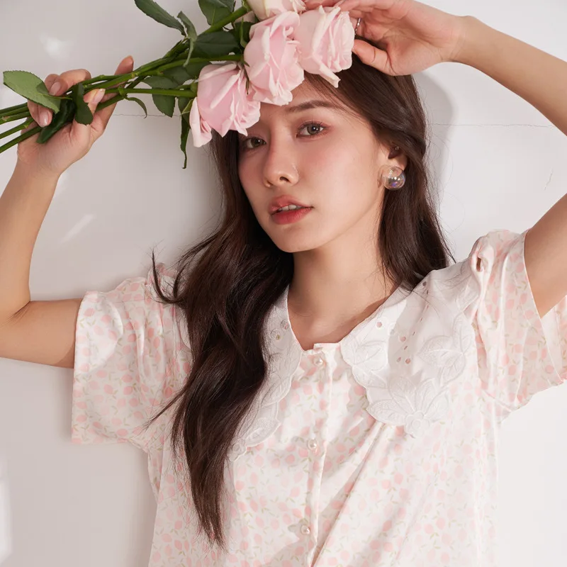 Summer New Pajamas for Women's Embroidered Collar Lemon Short-sleeved Shorts Home Service Suit Can Be Worn Outside Loungewear