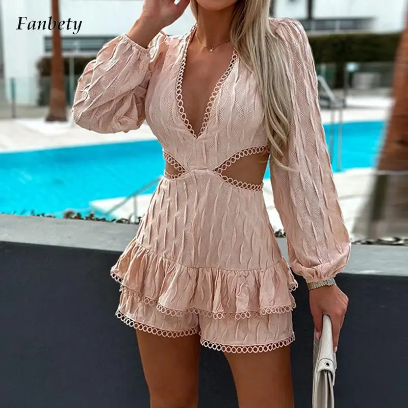 

Женский короткий комбинезон с длинным рукавом, элегантный кружевной комбинезон с вышивкой и глубоким V-образным вырезом