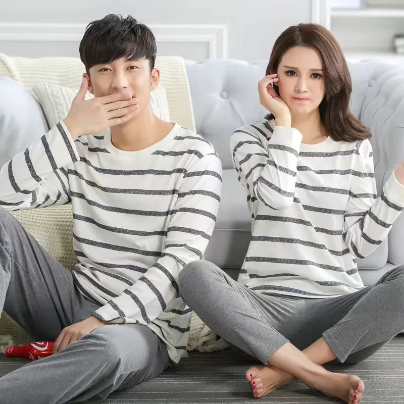 Autumn New Cotton Cartoon Print Couple Pajama Set Pyjamas Striped Sleep Lounge Long Sleeves Sleepwear Suit Pajamas for Lovers
