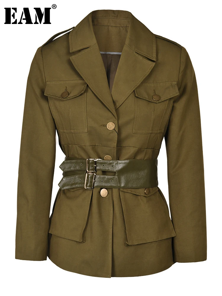 

[EAM] Women Green Belted Pocket Elegant Blazer New Lapel Long Sleeve Loose Fit Jacket Fashion Tide Spring Autumn 2023 CP1134