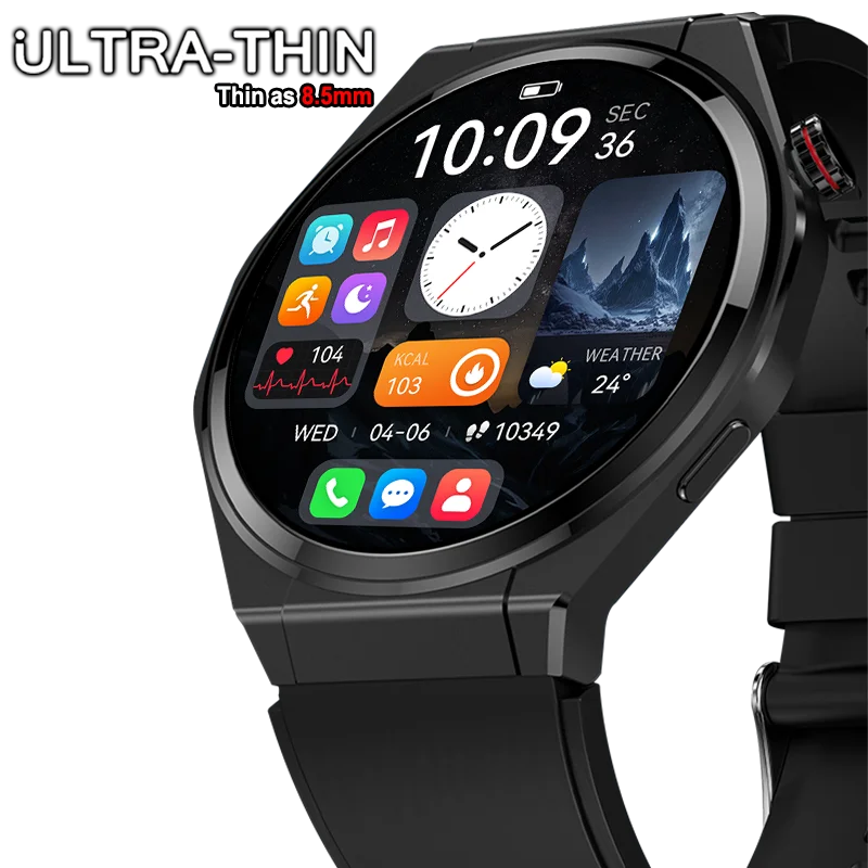 Фото Новые ультратонкие умные часы для мужчин HD AMOLED 150+Sport GPS Track Always Show Time Monitor здоровья BT Call IP68 Водонепроницаемые умные часы №1