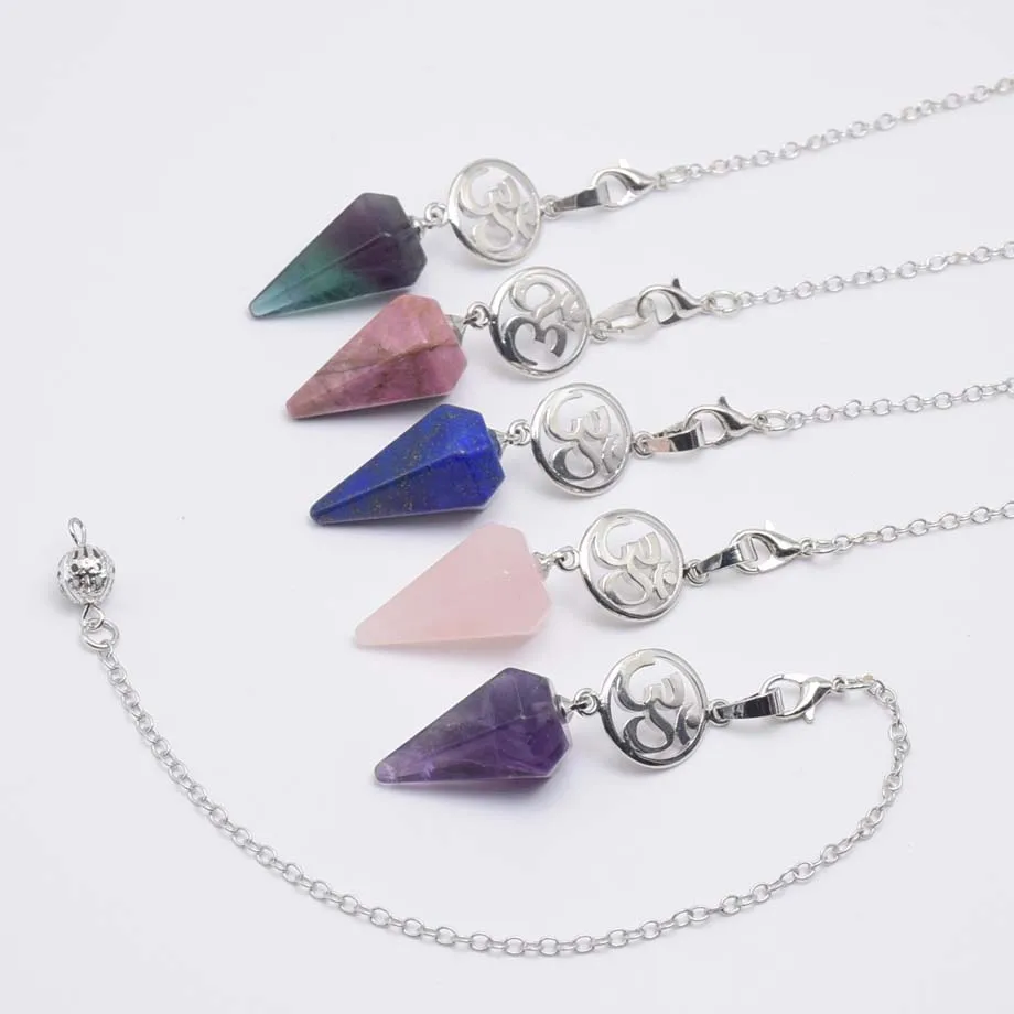 New Natural Stone Pendulum for Divination Dowsing Silver Plated Gemstone Cone Crystal Hexagonal Pointed Pendant Necklace Jewelry