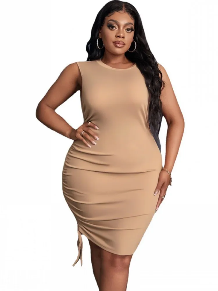 

Summer Sheath Dress Women O Neck Sleeveless Side Drawstring Ropa Mujer Summer New Solid Streetwear Mini Short Dresses Vestidos