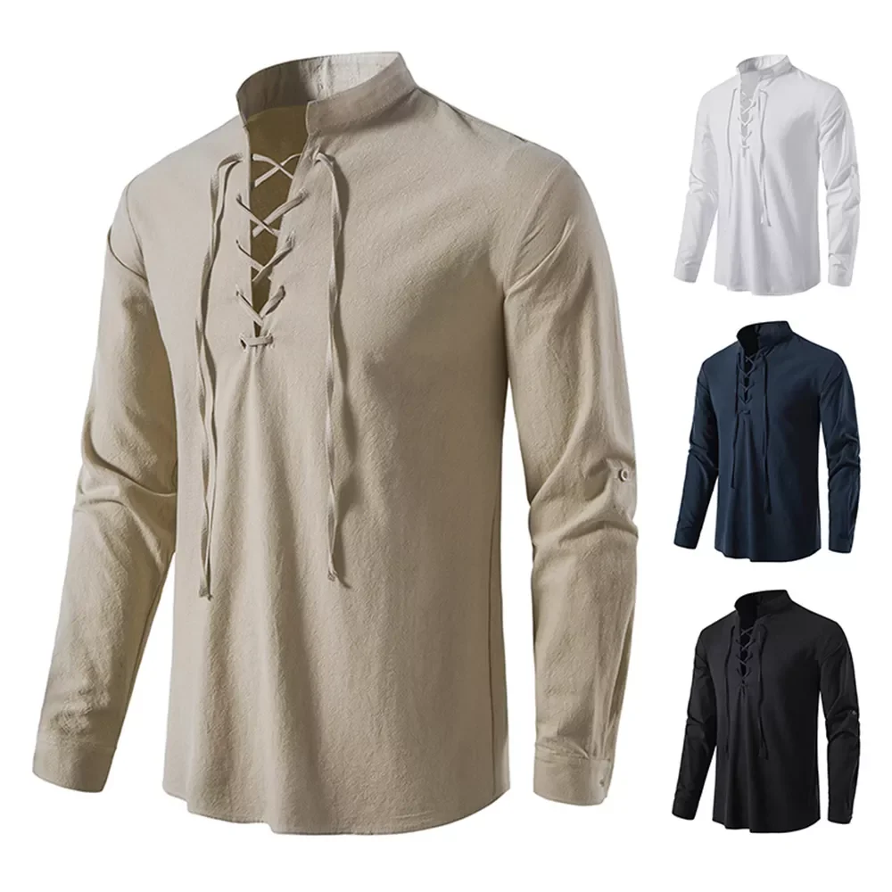 

2023NEW New Men's Casual Blouse Cotton Linen Shirt Tops Long Sleeve Tee Shirt Spring Autumn Slanted Placket Vintage Yoga Shi
