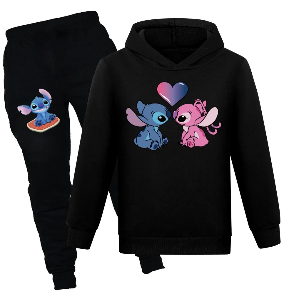

Disney Stich T Shirt Stitch Cartoon Anime Casual Sports Suit Long Sleeve Sports Hoodie Pants Teenage Boys and Girls 2 Piece Set