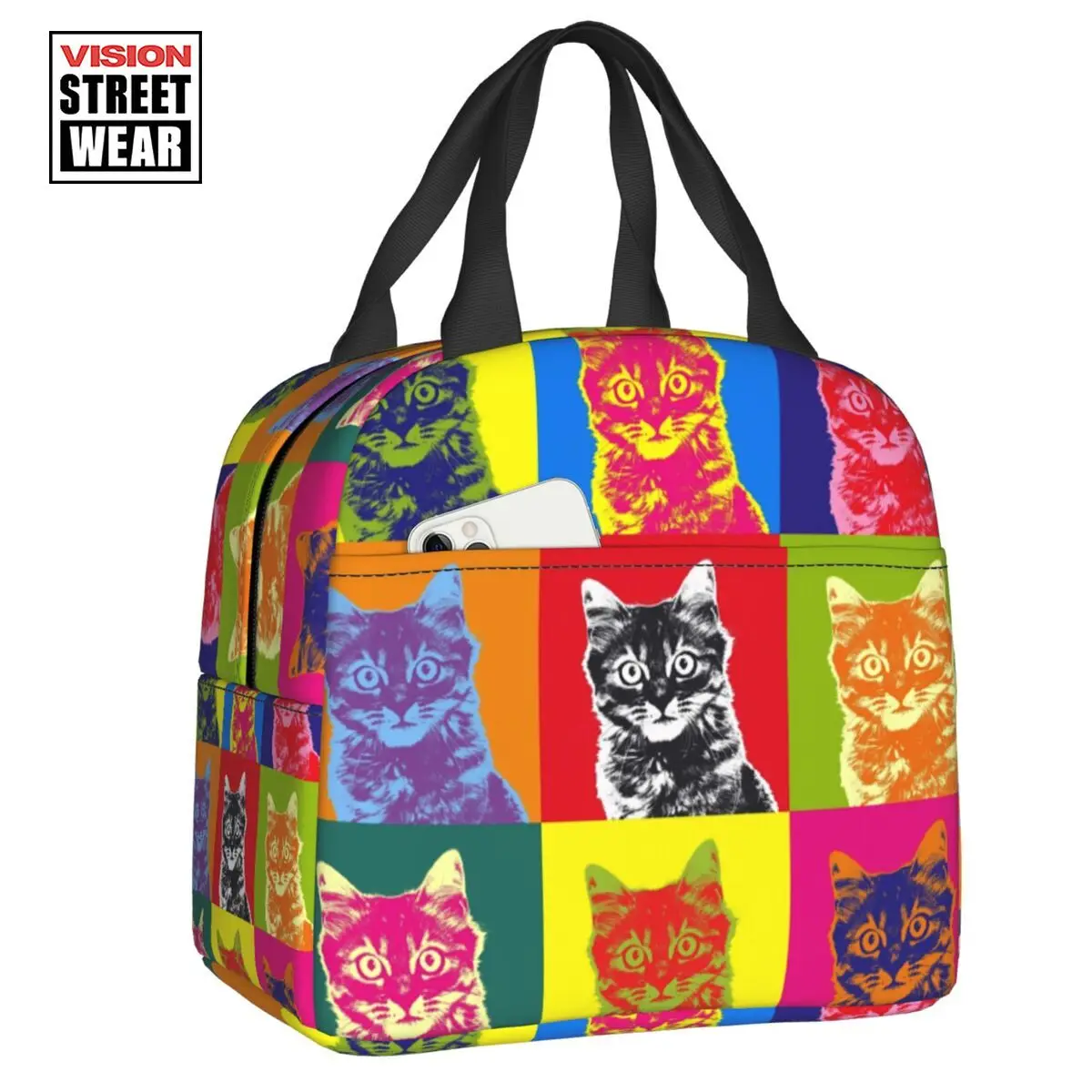 

2023 New Colourful Cat Portable Lunch Boxes for Women Waterproof Pop Art Cooler Thermal Food Insulated Lunch Bag lunchbag