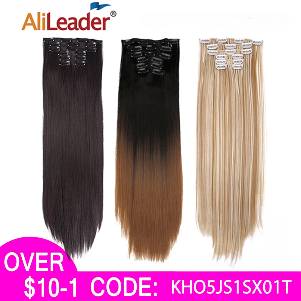 Alileader Synthetic Clip On Hair Extension 6Pcs/Set 22inch Straight Hairpiece Curly 16 Clips In Hair Ombre Heat Resistant Fiber