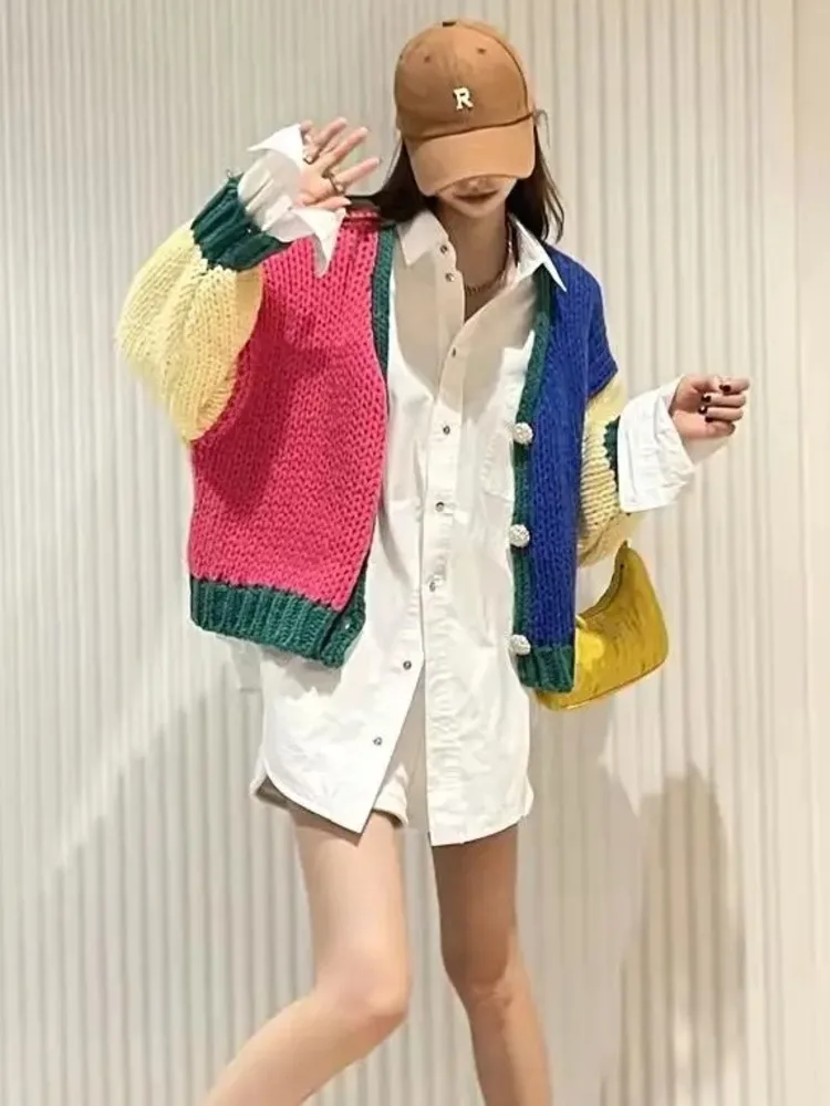 

Зимний теплый вязаный свитер, кардиган, женский Красочный свитер в стиле пэчворк, пальто, женский модный корейский Кардиган оверсайз, 2023