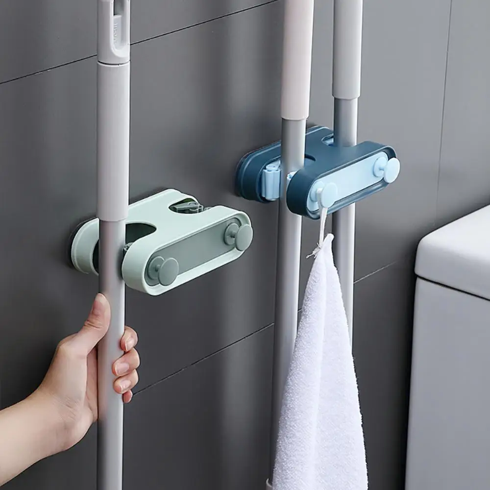 

Mop Holder Seamless Free Punch Mops Rack Traceless Wall-mounted Broom Racks Bathroom Accessories Double Card Slot Design