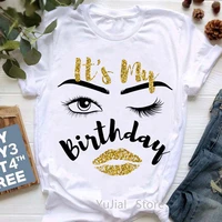 its my birthday graphic print t shirt womens clothing sexy golden lips t shirt femme cool casual tshirt female tops