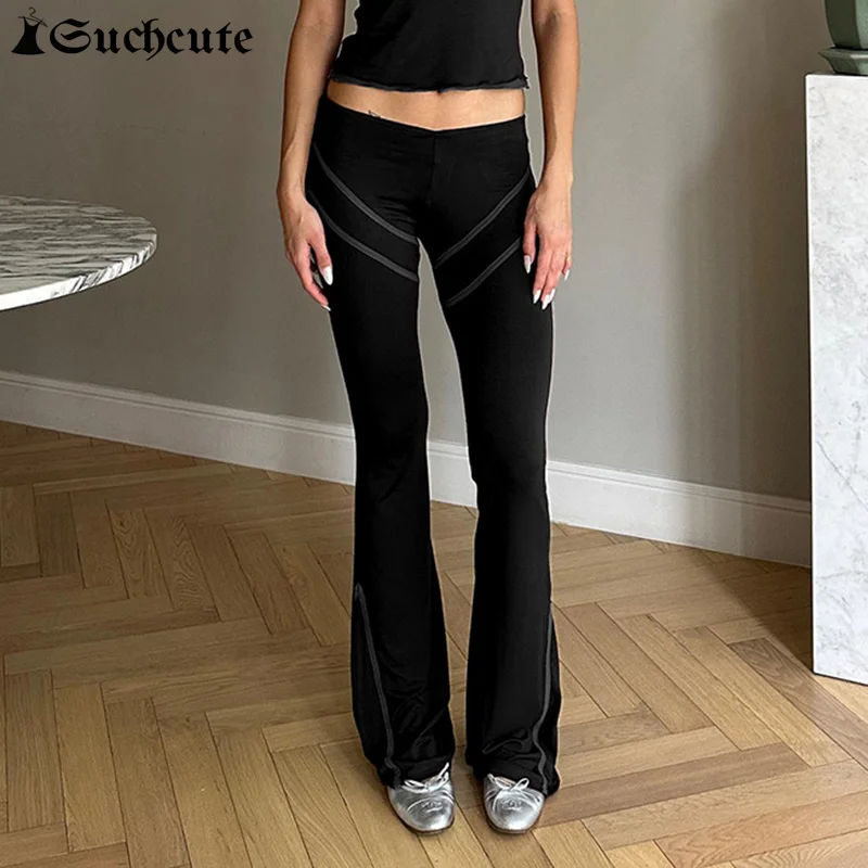 

SUCHCUTE Solid Color Flare Pants Women Casual Stitch Slim Fitting Streetwear Pants Full Length Fashion Vintage Low Rise Trousers