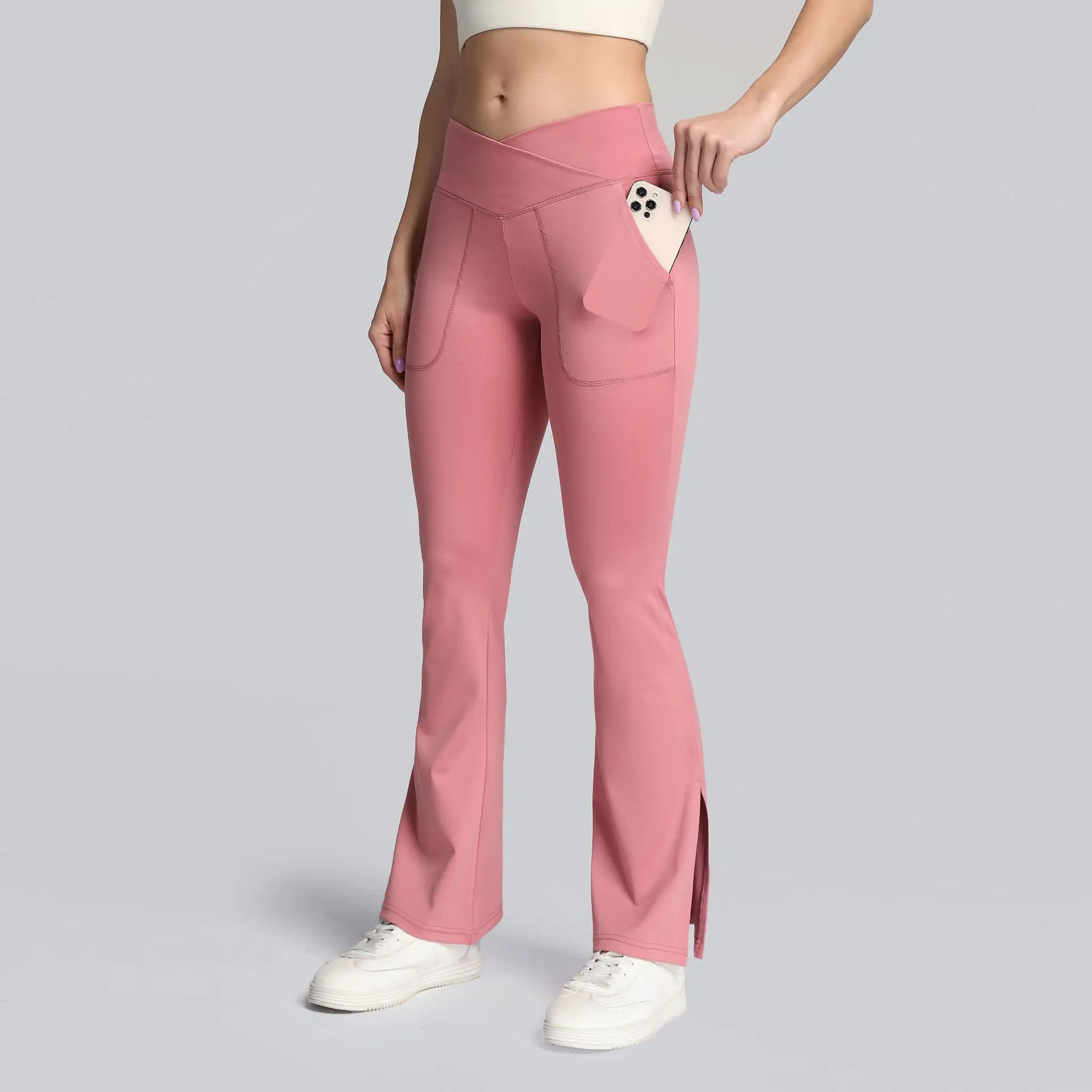 

High Waist Hip Lift Women Sports Flared Pants Nude Fitness Yoga Leggings Outdoor Wear Breathable Running Sweatpants With Pockets