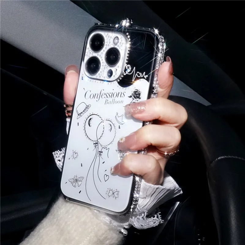 Для iPhone 15 Pro Max 14 13 11 12 Чехол Bling Diamond Bumper Rhinestone Love Inlay Металлический каркас Зеркало