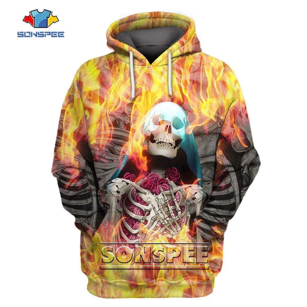

SONSPEE Horror Skull Flame Skeleton Hoodie 3D Printed Men Women Plus Size Clothing Long Sleeve Fashion Casual Hip Hop Hoodies