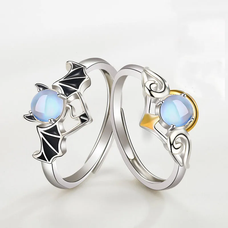 

Fashion Moonstone Angel Demon Couple Ring Exquisite Heart-shaped Demon Wings Open Ring Party Men Women Charm Jewelry Lover Gift