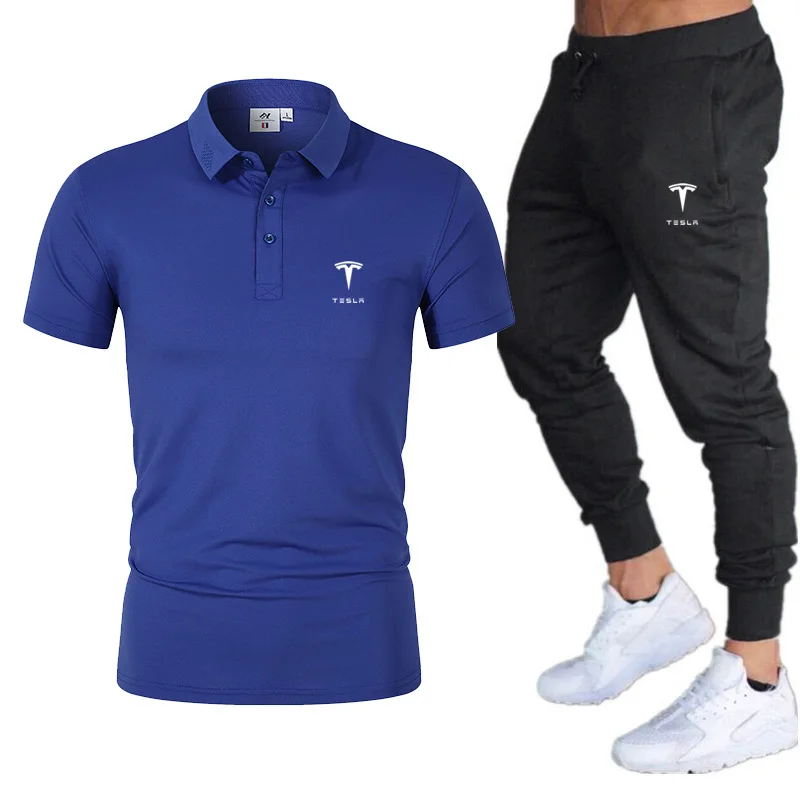 

Men's Polos Tesla Logo Tracksuit Two Pieces Sets Men Casual Fitness Sport Suit Short Sleeve Polo Shirts +Trousers Men's Suits