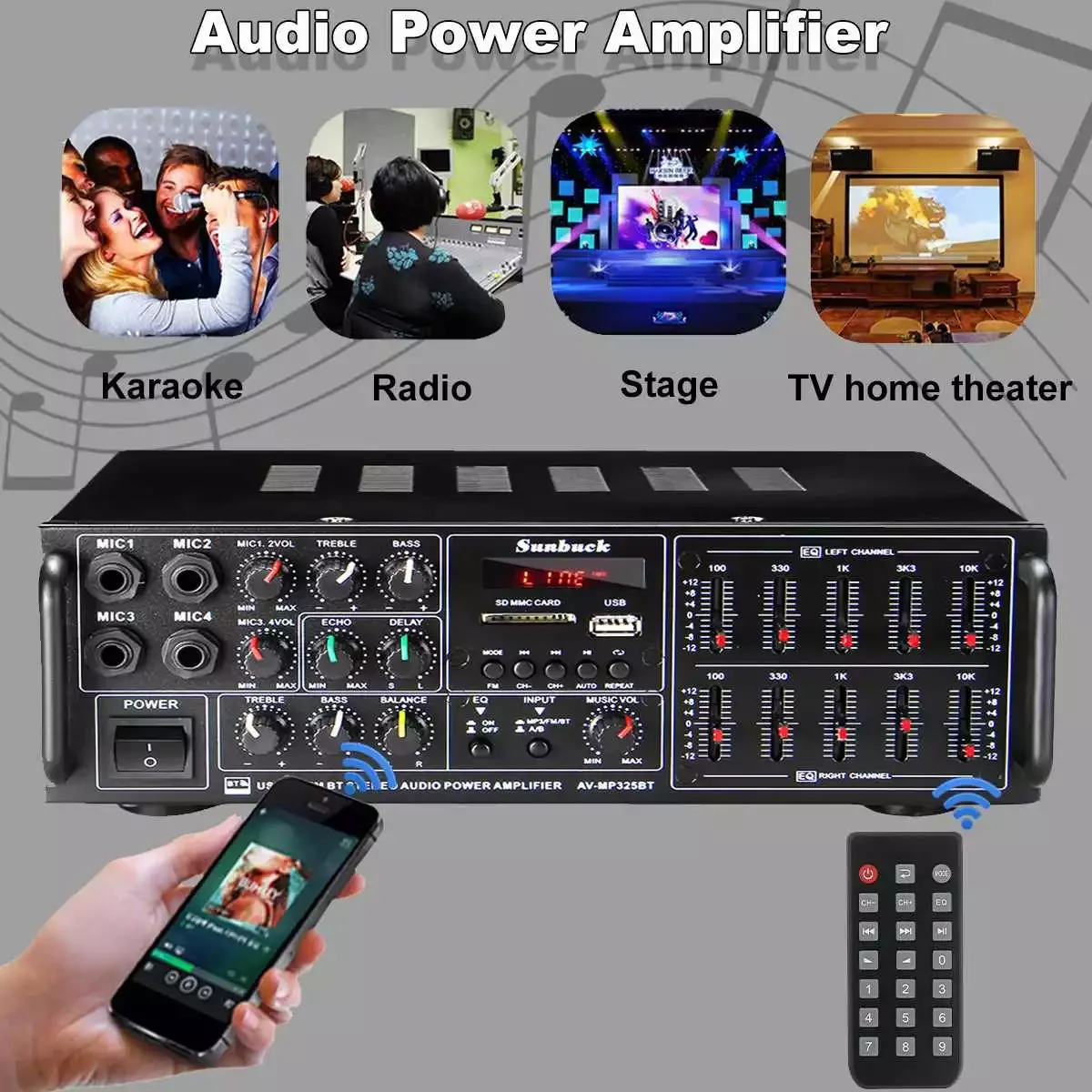 

110/220V 8000W USB SD AMP FM DVD AUX with Remote Control Support 4 Way Microphone Input bluetooth Amplifier Audio Stereo Digital