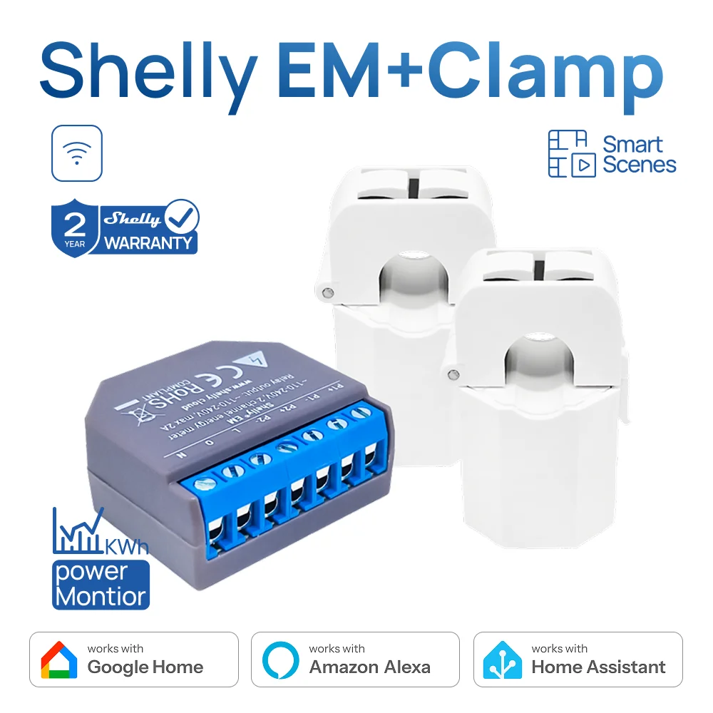 Shelly EM + Clamp Domotica, измеритель энергии с Wi-Fi, контроль контактора, Измерение внутренней памяти и настраиваемый сигнал тревоги