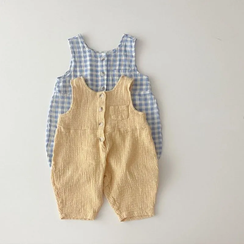2023 Summer New Baby Sleeveless Romper Cotton Infant Loose Plaid Jumpsuit Cute Newborn Toddler Overalls Baby Clothes 0-24M