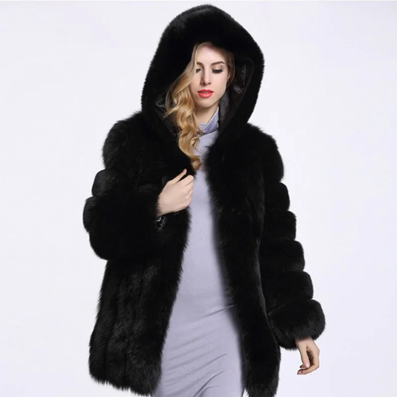 FANPUGUIZHEN High Quality Furry Cropped Faux Fox Fur Coats and Jackets Women Fluffy Top Coat With Hooded Winter Fur Jacket