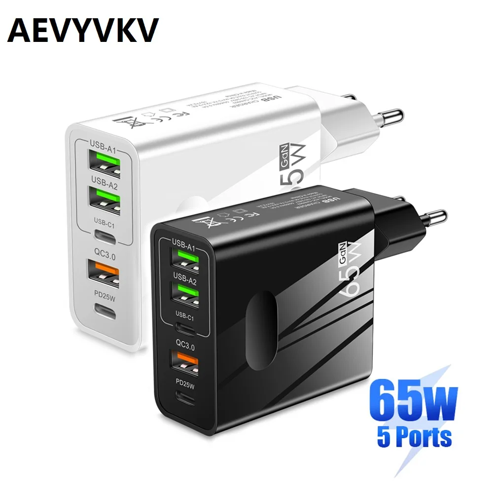 

65W Gan 5ports USB Charger Fast Charging PD USB-C Type c Power Adapters Eu US UK Plug For IPhone 12 13 14 Samsung htc lg