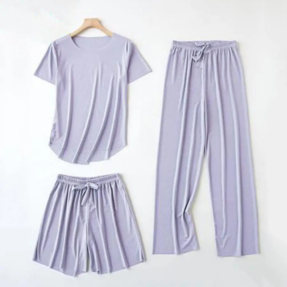 

3Pcs/Set Popular Pajamas Set Comfortable Women Loungewear Short Sleeve Sleeping Solid Thin Type Top Shorts Pants Sleepwear
