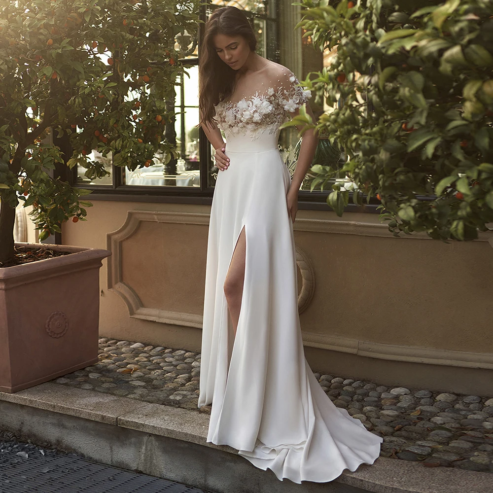 Индивидуальное свадебное платье Weilinsha с 3D цветами и коротким рукавом из джерси