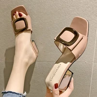 summer women shoes slippers fashion metal buckle ladies mules slides high heels pumps women casual slippers