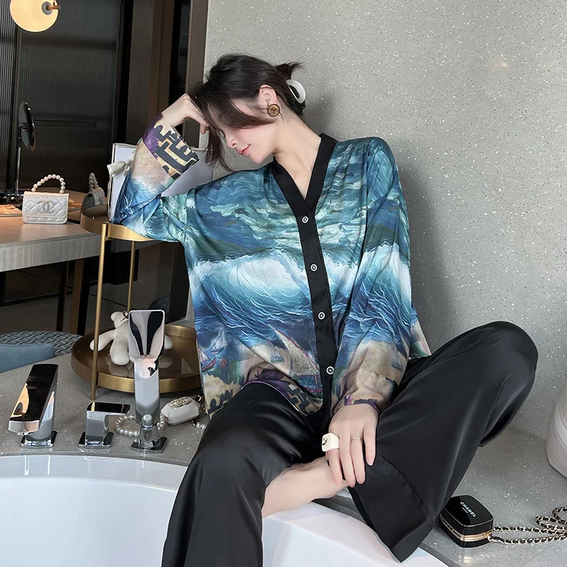 NEW Women's Pajamas Set Luxury Style Painting Print Sleepwear Satin Silky Touch Homewear V Neck Nightie Casual Home Suit